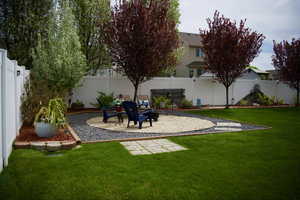 Fenced backyard featuring a patio area