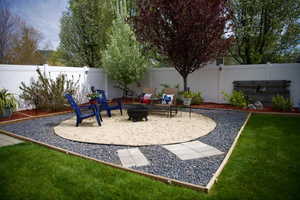 Fenced backyard featuring a patio area and an outdoor fire pit