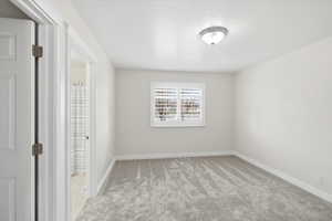 Unfurnished bedroom with light carpet and baseboards