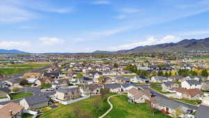 Aerial perspective of suburban area with mountains