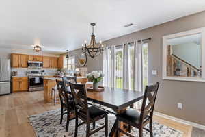 Dining area with light wood finished floors and suspended lighting