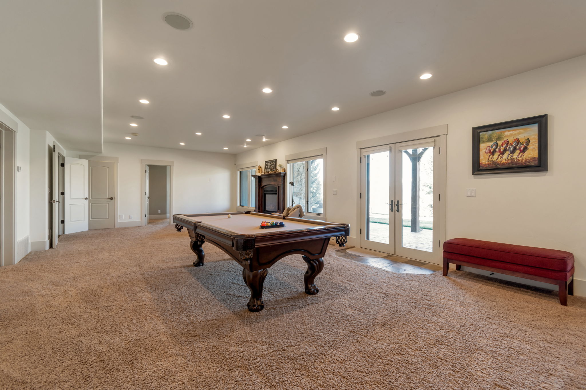 Playroom with french doors, light carpet, billiards, and recessed lighting