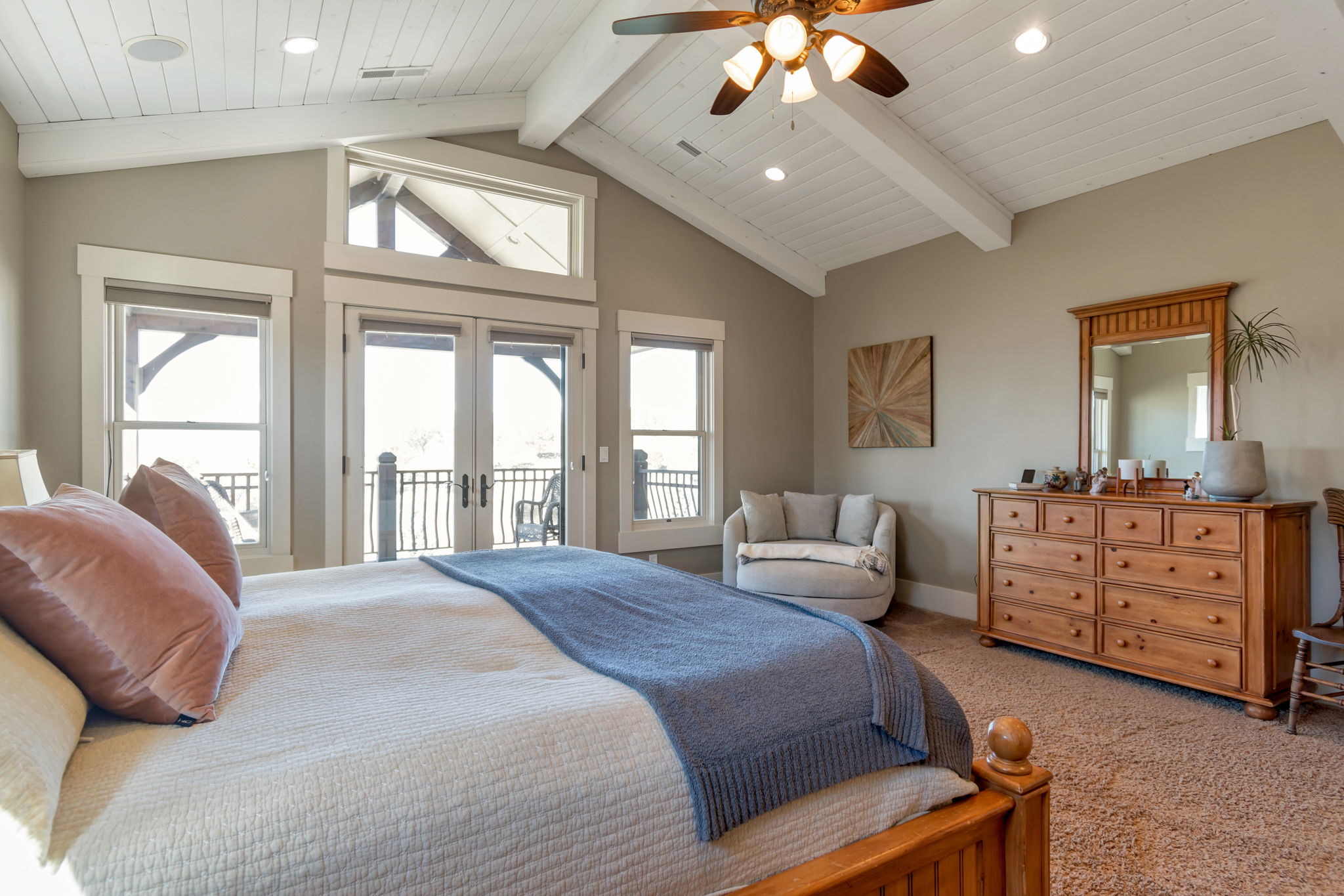 Bedroom with french doors, recessed lighting, access to exterior, carpet, and ceiling fan