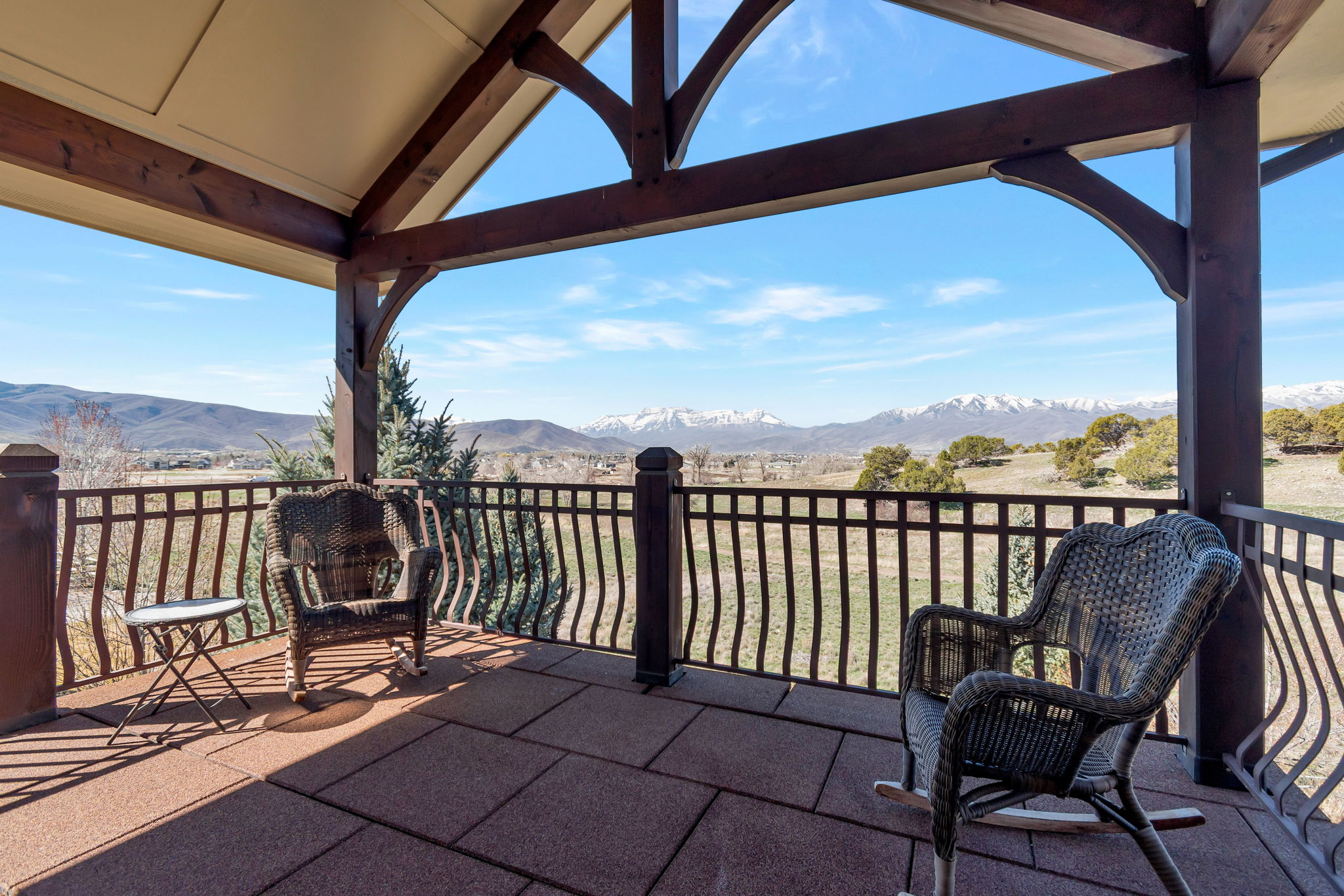 View of patio featuring a mountain view