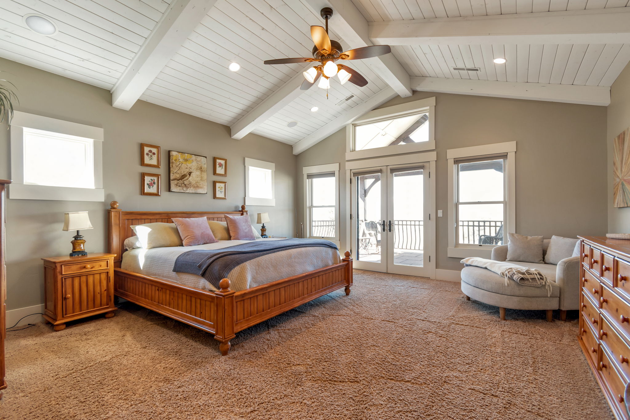 Bedroom featuring french doors, light carpet, access to outside, a ceiling fan, and recessed lighting