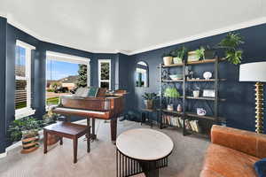 Sitting room with carpet and updated paint with lots of light