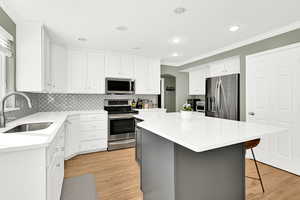 Two tone cabinets, back splash, hardwood flooring