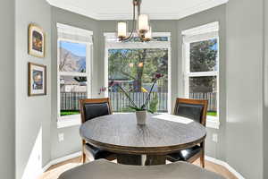 Dinning room surrounded by backyard windows