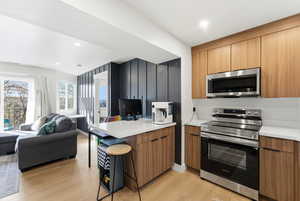 Kitchen featuring a kitchen breakfast bar, stainless steel appliances, open floor plan, a peninsula, and light wood-style floors