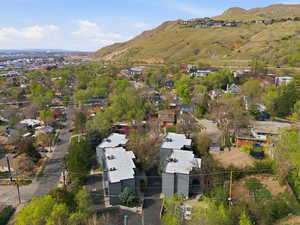 Aerial perspective of suburban area featuring mountains