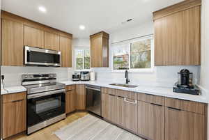 Kitchen with stainless steel appliances, modern cabinets, wood finish cabinetry, and recessed lighting