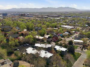 Aerial perspective of suburban area featuring mountains