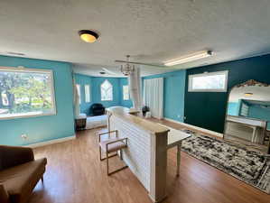 Kitchen featuring wood finished floors, a textured ceiling, healthy amount of natural light, and open floor plan