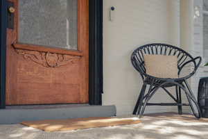Property entrance with concrete block siding