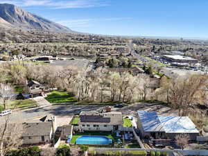Aerial perspective of suburban area featuring a mountain backdrop