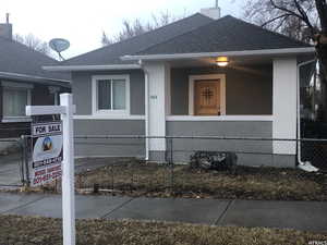 View of front of home featuring stucco siding, roof with shingles, a fenced front yard, and a porch