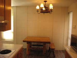 Dining space with suspended lighting, dark wood-style floors, and tile walls