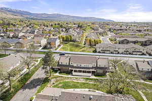Aerial perspective of suburban area featuring mountains