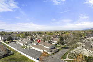 Aerial view of residential area with mountains