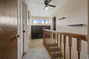 Hall featuring a textured ceiling, light colored carpet, and an upstairs landing