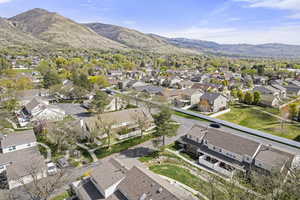 Aerial perspective of suburban area with mountains