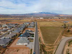 Aerial view of residential area with mountains