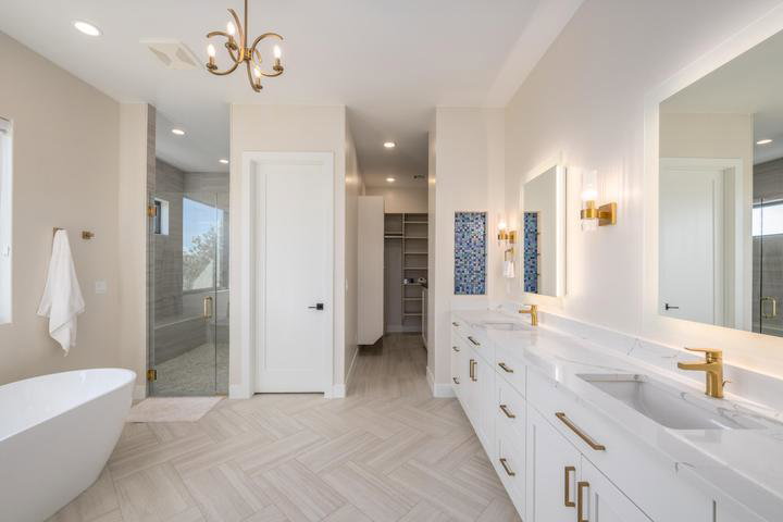 Bathroom featuring double vanity, a shower stall, a freestanding bath, a spacious closet, and hanging lights