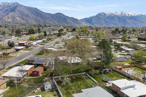 Aerial view of residential area with a mountain backdrop