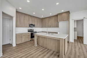 Kitchen with a barn door, stainless steel appliances, a kitchen island with sink, light wood finished floors, and recessed lighting