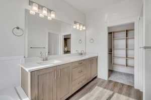 Bathroom featuring a walk in closet, double vanity, and light wood finished floors