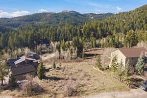View from above of property with a mountainous background