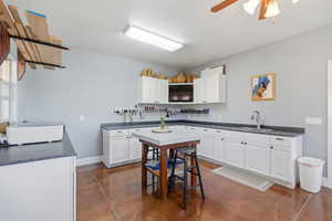 Kitchen with finished concrete floors, dark countertops, white cabinetry, and a ceiling fan