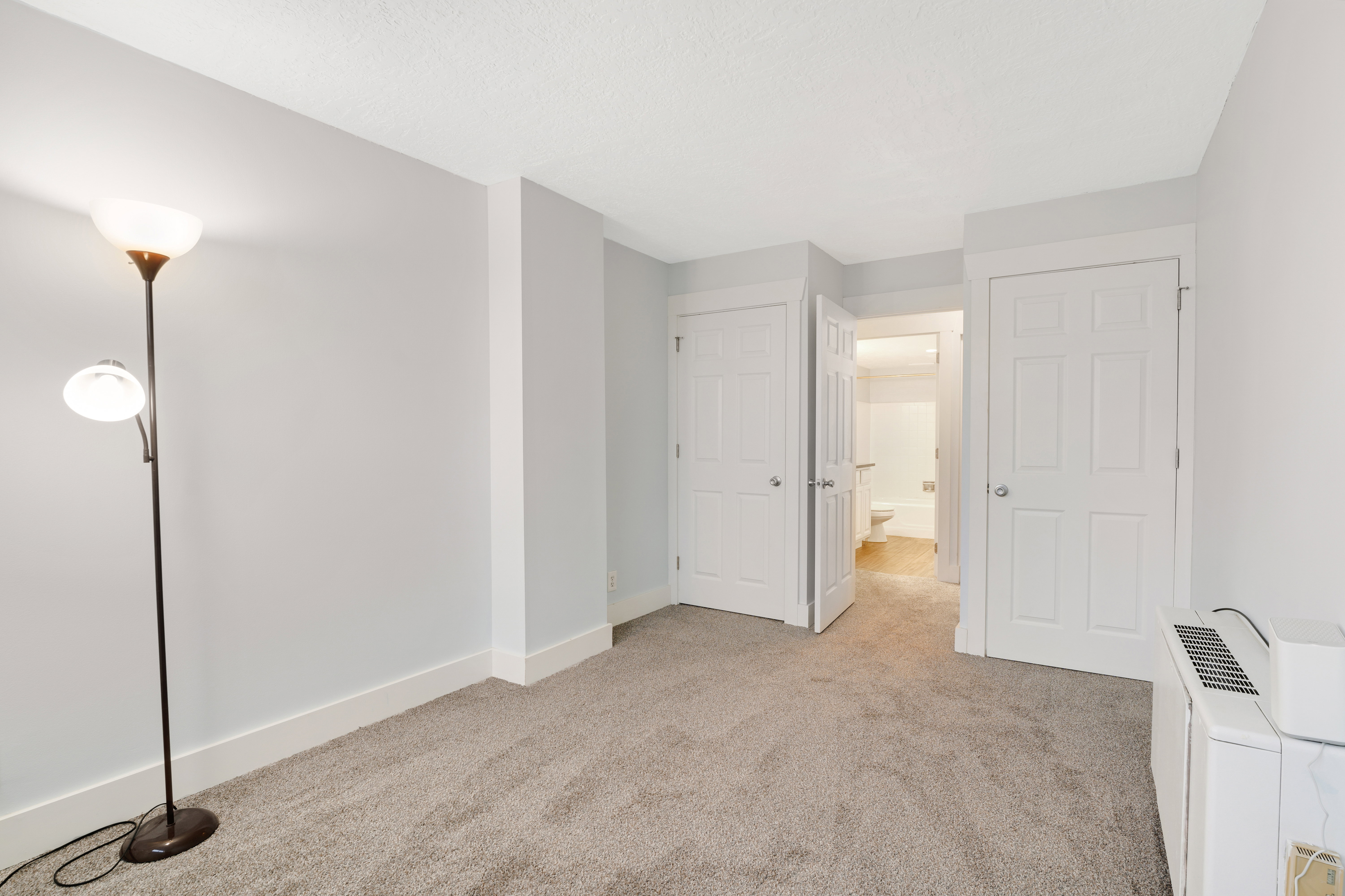 Unfurnished bedroom with light colored carpet, connected bathroom, and a closet