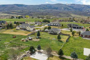 Aerial perspective of suburban area with mountains