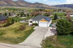 Aerial perspective of suburban area featuring mountains