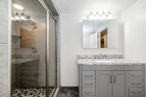 Full bath with vanity and a shower stall