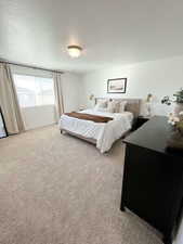 Bedroom with light colored carpet and a textured ceiling