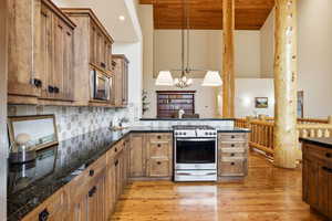 Kitchen featuring stainless steel appliances, wood finish cabinetry, light wood finished floors, hanging lights, and backsplash