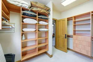 Walk in closet with light carpet