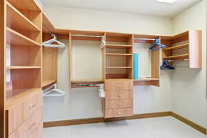 Walk in closet featuring light colored carpet