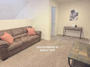 Game & TV room featuring light carpet and lofted ceiling