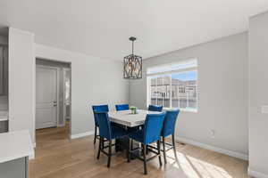 Dining room with light wood-style floors and suspended lighting