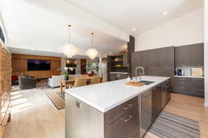 Kitchen with modern cabinets, dark wood finish cabinets, a kitchen island with sink, lofted ceiling, and light wood-style flooring