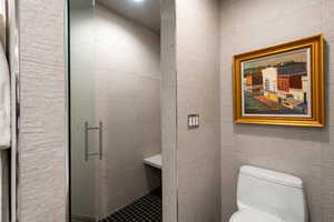 Bathroom featuring toilet and a shower stall