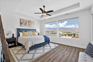 Bedroom featuring wood finished floors, a ceiling fan, and a raised ceiling