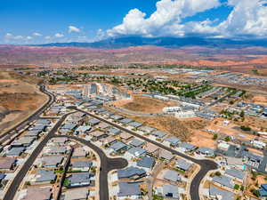 Aerial view of residential area with mountains