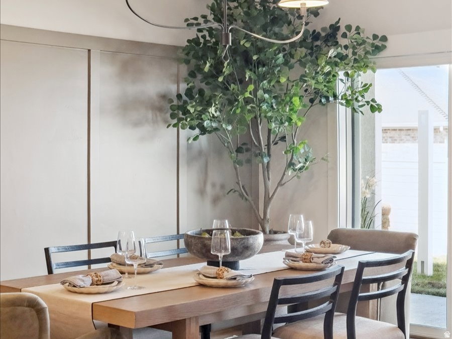 Rectangular wood-finish dining table with seating for six