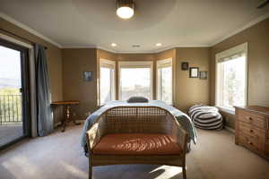 Bedroom with access to outside and a ceiling fan
