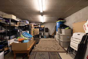 Storage room under garage, with door to backyard