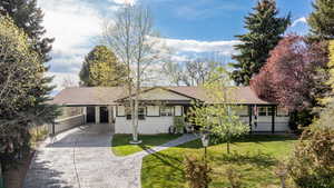 Ranch-style house with an attached carport, a shingled roof, driveway, and brick siding